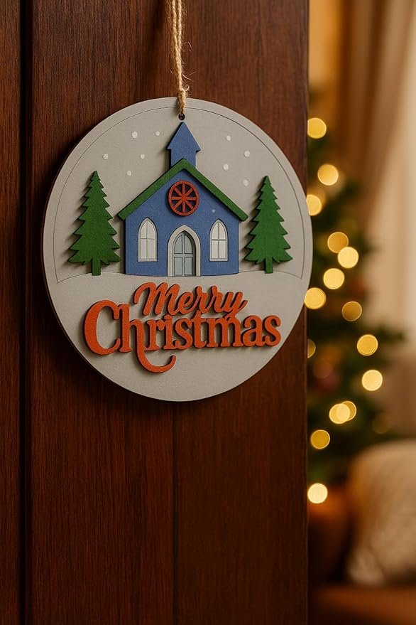 Decorative Wooden Merry Christmas Door Hanger, 20cm MDF Round Wall Decor with Church and Trees Design, Hand-Painted Blue and Green Holiday Decoration, 95g Lightweight - Image 2
