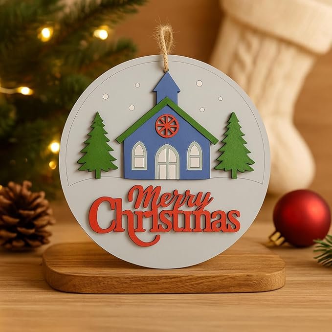 Decorative Wooden Merry Christmas Door Hanger, 20cm MDF Round Wall Decor with Church and Trees Design, Hand-Painted Blue and Green Holiday Decoration, 95g Lightweight - Image 3