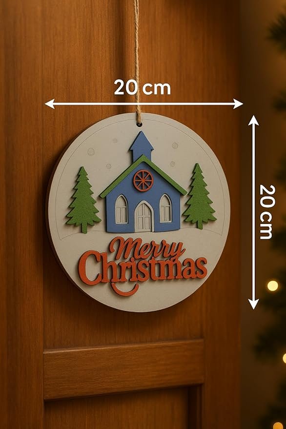Decorative Wooden Merry Christmas Door Hanger, 20cm MDF Round Wall Decor with Church and Trees Design, Hand-Painted Blue and Green Holiday Decoration, 95g Lightweight - Image 4
