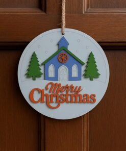 Decorative Wooden Merry Christmas Door Hanger, 20cm MDF Round Wall Decor with Church and Trees Design, Hand-Painted Blue and Green Holiday Decoration, 95g Lightweight