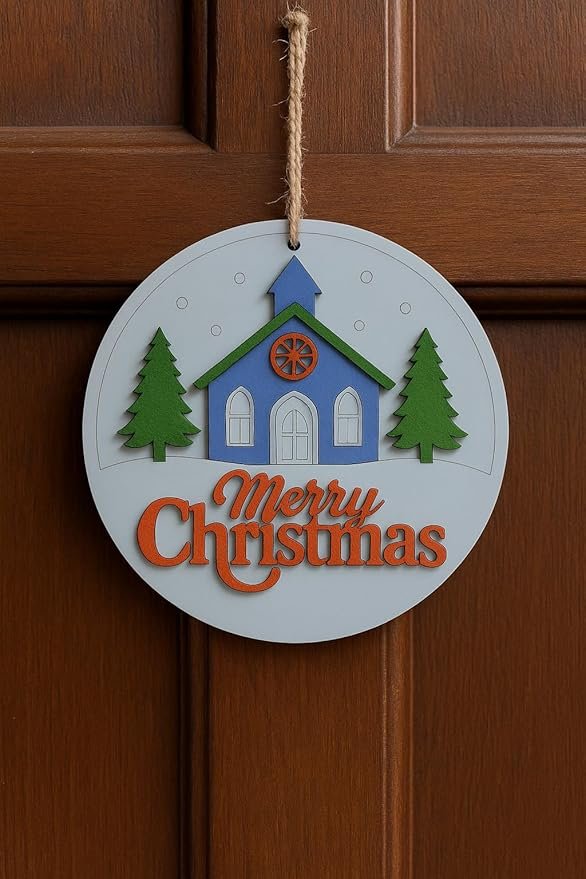 Decorative Wooden Merry Christmas Door Hanger, 20cm MDF Round Wall Decor with Church and Trees Design, Hand-Painted Blue and Green Holiday Decoration, 95g Lightweight
