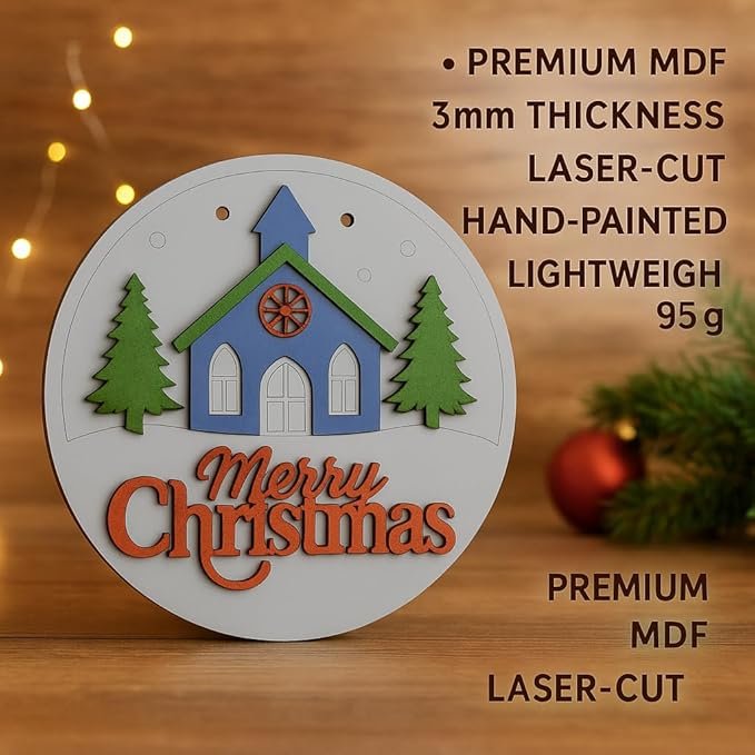Decorative Wooden Merry Christmas Door Hanger, 20cm MDF Round Wall Decor with Church and Trees Design, Hand-Painted Blue and Green Holiday Decoration, 95g Lightweight - Image 6