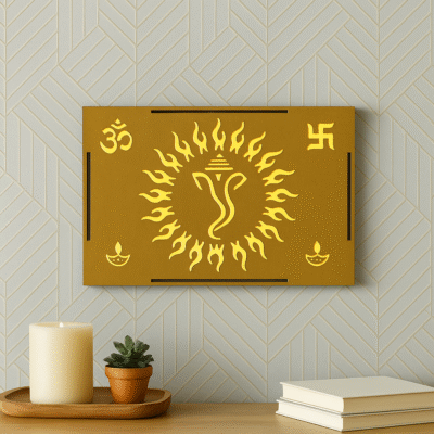Divine Crafts Premium Wooden LED Backlit Ganesha Surya Wall Décor, Pooja Room & Home Temple Lighting, 28×20×3 cm, 285g