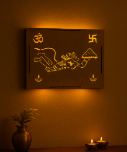 Woodart Gallery Flying Hanuman LED Wooden Backlit Wall Decor, Warm Glow Spiritual Art, 28×20×3 cm, Pooja Room, Living Room, Office Decoration