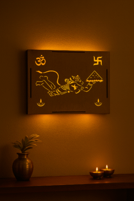 Woodart Gallery Flying Hanuman LED Wooden Backlit Wall Decor, Warm Glow Spiritual Art, 28×20×3 cm, Pooja Room, Living Room, Office Decoration