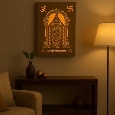 Divine Crafts Wooden Backlit Shri Venkateswara Wall Hanging, LED Mandir Decor, 28cm × 20cm × 3cm, Premium Laser-Cut Design, Spiritual Home Temple Centerpiece