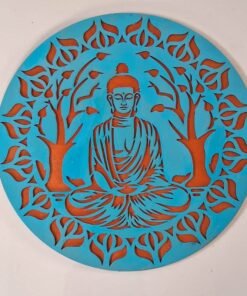 Blue Buddha Round Wall Art, Handcrafted MDF Laser Cut Design, 29cm Diameter, Bodhi Tree Meditation Décor, 450g