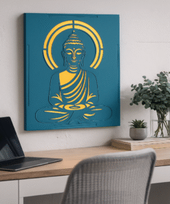 Illuminated Buddha LED Wall Art, Turquoise with Golden Backlight, 28x20 cm, Meditation and Yoga Décor, Spiritual Theme