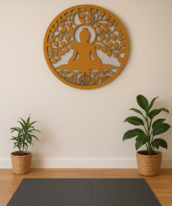Buddha Meditating Under Bodhi Tree Wall Art, Circular Laser Cut MDF Wood Decor, 27 cm, Golden Brown Finish, 190g