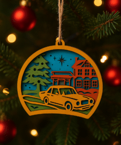 Handcrafted Wooden Christmas Layered Decor, Holiday House and Car Scene, Multi-Layer 3D Design, 10x10x2 cm, 45g