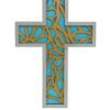 Decorative Laser-Cut Cross Wall Art, Blue and Gold Pattern, MDF Wood Frame, Religious Home Decor, 20x10 cm, 200g Weight