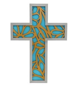 Decorative Laser-Cut Cross Wall Art, Blue and Gold Pattern, MDF Wood Frame, Religious Home Decor, 20x10 cm, 200g Weight