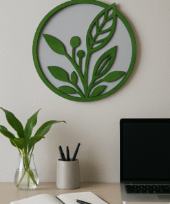 Premium Wooden Botanical Wall Decor, Green Leaf and Branch Design, Round Circle Shape, 24 cm, 73g, Natural Theme Home Decor