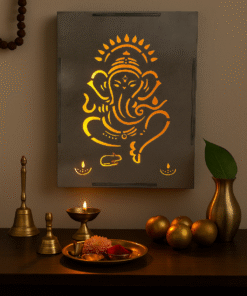 Divine Creations LED Backlit Wooden Lord Ganesha Wall Panel, Spiritual Decor, Laser-Cut Design, Ambient Lighting, Premium Engineered Wood, Sacred Glow, Pooja Corner, Meditation Space
