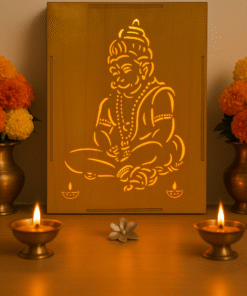 Divine Crafts Lord Hanuman LED Wall Decor, Premium Engineered Wood, Golden-Brown Finish, Warm Yellow Backlight, Meditative Pose, Lightweight, Spiritual Home Decor