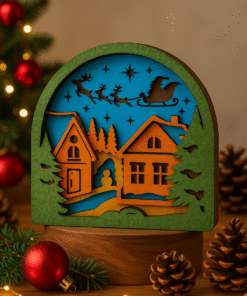 Wooden Christmas Village Shadow Box, Laser-Cut Holiday Décor, Santa Sleigh Scene, 10cm x 10cm x 2cm, 45g, Festive Home Decoration
