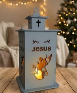 Decorative Christian Wooden Lantern, LED Prayer Light with Cross Design, Blue, 14 x 12 x 12 cm, Religious Home Decor for Christmas and Altar