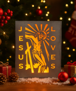 Religious Illuminated Decor, Laser-Cut Jesus Christ Cross Silhouette, LED Backlit, Warm Golden Glow, Engineered Wood, Prayer Room Wall Art