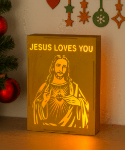 Divine Light Wooden Jesus Loves You LED Light Box, Laser-Cut Religious Decor, Illuminated Sacred Heart Frame, Golden Glow, Christian Home Prayer Room Christmas Gift