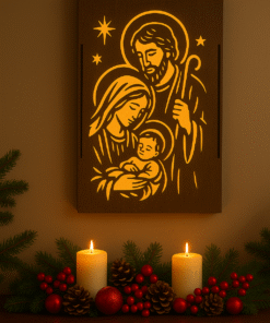 Wooden Backlit Holy Family Wall Decor, Christmas Home Décor, Laser-Cut Design, LED Illuminated, 28cm × 20cm × 3cm