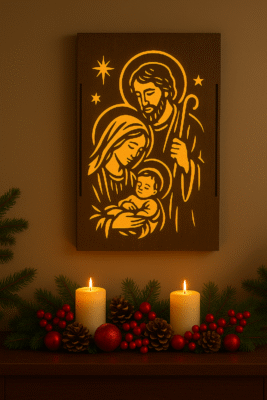 Wooden Backlit Holy Family Wall Decor, Christmas Home Décor, Laser-Cut Design, LED Illuminated, 28cm × 20cm × 3cm