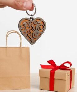 Wooden Heart Keychain, Handcrafted Laser-Cut MDF, Intricate Layered Pattern, 6 cm x 6 cm, Brown and Gold, 3D Effect Scrollwork Design