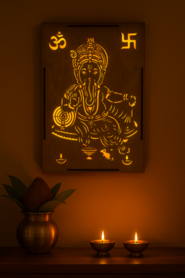 Spiritual Decor Wooden Backlit Lord Ganesha Wall Hanging, LED Illuminated Hindu Deity Art, 28cm × 20cm × 3cm, Traditional Prayer Room Decoration