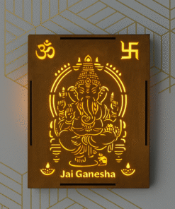 Divine Crafts LED Backlit Wooden Ganesha Wall Decor, Hindu Religious Art, 28cm × 20cm, Warm Yellow Light, Temple Decoration