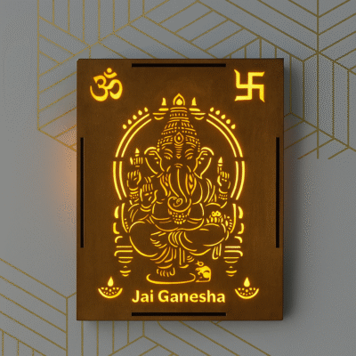 Divine Crafts LED Backlit Wooden Ganesha Wall Decor, Hindu Religious Art, 28cm × 20cm, Warm Yellow Light, Temple Decoration