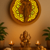Click to see full view LED Backlit Lord Hanuman Wall Hanging, Wooden Circular Frame, 29cm Diameter, Illuminated Spiritual Decor for Pooja Room