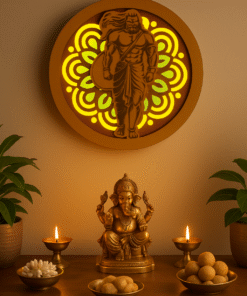 Click to see full view LED Backlit Lord Hanuman Wall Hanging, Wooden Circular Frame, 29cm Diameter, Illuminated Spiritual Decor for Pooja Room
