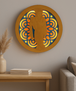 LED Illuminated Lord Krishna Wall Art, Wooden Round Frame, 29cm, Backlit Spiritual Décor, 384g