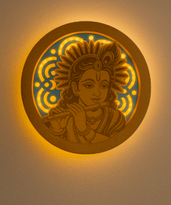 Premium LED Krishna Round Wall Art, Wooden Illuminated Spiritual Décor, 29 cm Diameter, 384 gr, Warm Ambient Glow
