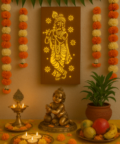 Divine Creations Wooden LED Krishna Wall Decor Light, Spiritual Ambient Lighting, 28cm × 20cm × 2cm, 300g, Golden Glow Illumination for Home, Office, Pooja Room