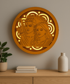 LED Backlit Wooden Wall Art with Lord Rama and Goddess Sita, 28 cm, 384 g, Golden Brown Finish, Laser Cut MDF