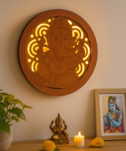 Illuminated Lord Ganesha Wooden Wall Hanging, LED Backlit MDF Décor, Round 29 cm, Spiritual Home Décor