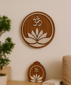 Om Lotus Wooden Wall Hanging, Spiritual Wall Decor, Natural Wood Grain Finish, 25cm Round, Laser Cut Design, 211g
