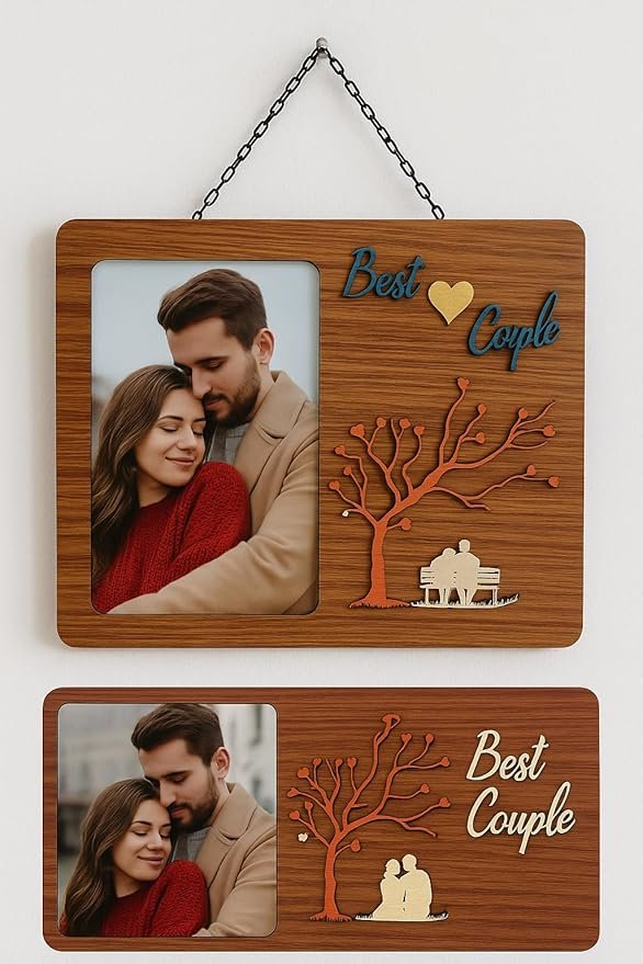 Best Couple Wooden Photo Frame, Double-Sided Laminated Wood, Romantic Tree Design with Heart, 29 x 22 cm, Wall Decor Gift