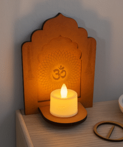 Wooden OM Tea Light Holder with LED Candle, Mandala Design, 15 cm Height, Temple Style Decor for Pooja and Meditation