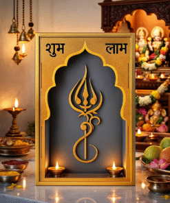 Shubh Labh Trishul Decorative Frame, Golden Finish, Temple Style Arch Design, 26cm x 15cm x 8cm, 288g