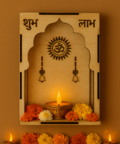 Wooden Wall-Mounted Pooja Shelf, Shubh Labh Mandir, Hindu Temple Altar, Compact Home Temple for Diya & Decor, 30cm x 18cm x 8cm