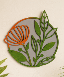 Round Floral Wall Décor, Orange and Green, MDF, 26x26 cm, 75g, Nature Theme, Cut-Out Design