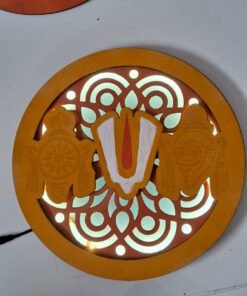 LED-Lit Vishnu Namam Wooden Wall Decor, Circular Multi-Layer Laser-Cut MDF, Shankha and Chakra Design, 29 cm, 384g, Warm Light