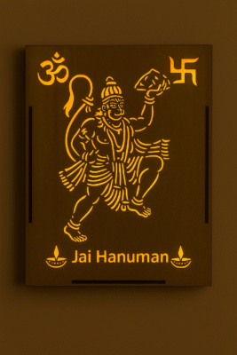 Divine Crafts Wooden Backlit Jai Hanuman Wall Decor, LED Glow Frame, 28cm × 20cm × 3cm, Premium Laser-Cut Design for Home, Office, Pooja Room, Workspace