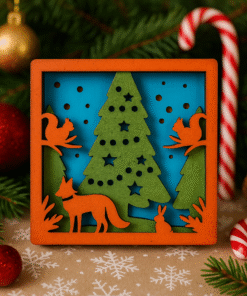 Christmas Woodland Shadow Box, Layered Tree with Forest Animals, Festive Holiday Décor, 10x10 cm, 45g
